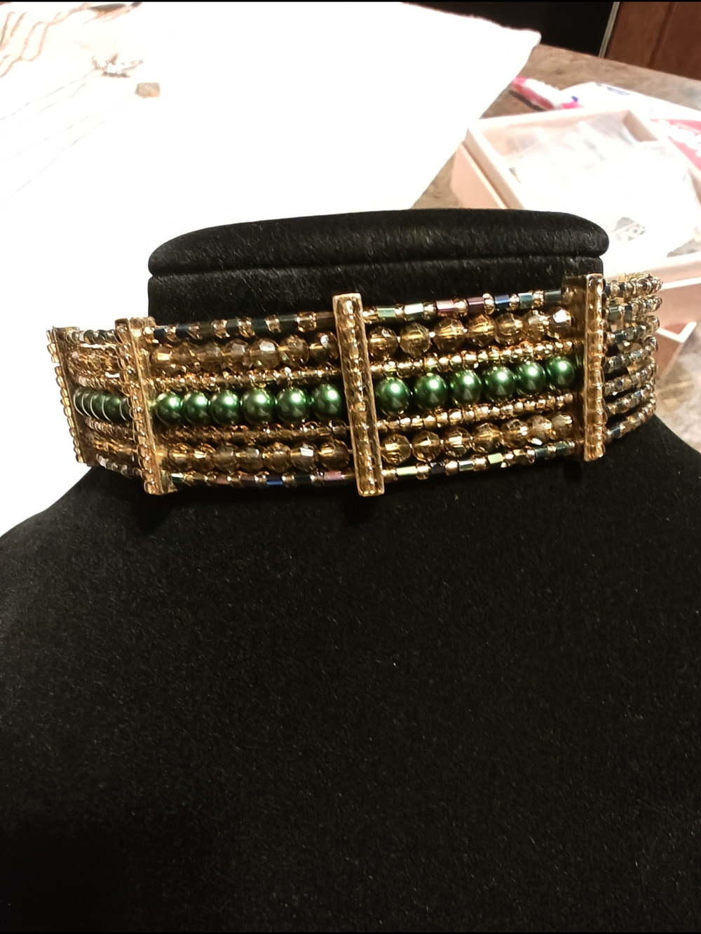 Source Unknown Gold Multi-Row Necklace with Green Beads